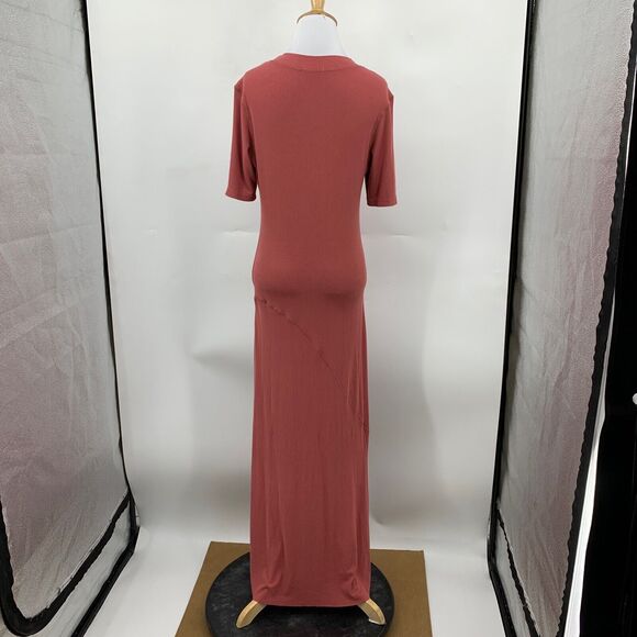 All Row Dress Womens M Medium Dusty Rose Ribbed Slit Short Sleeve Stretch Maxi - Picture 7 of 15